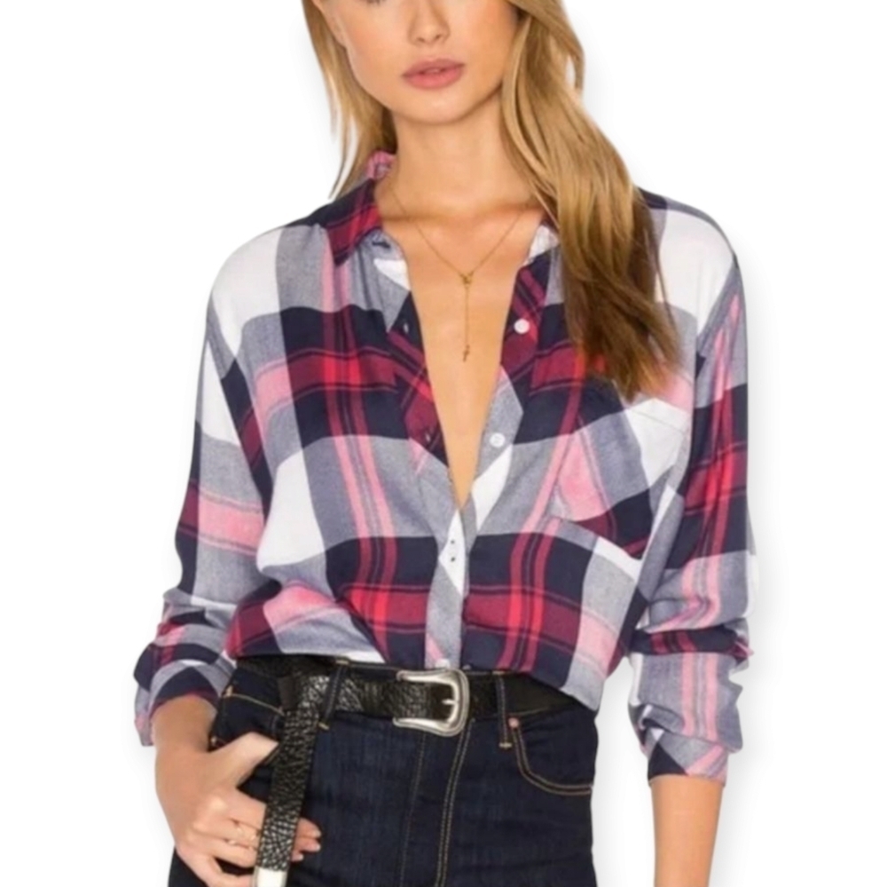 Rails Hunter Plaid Button Up in White, Indigo, Blush Pink Rayon One Pocket Small